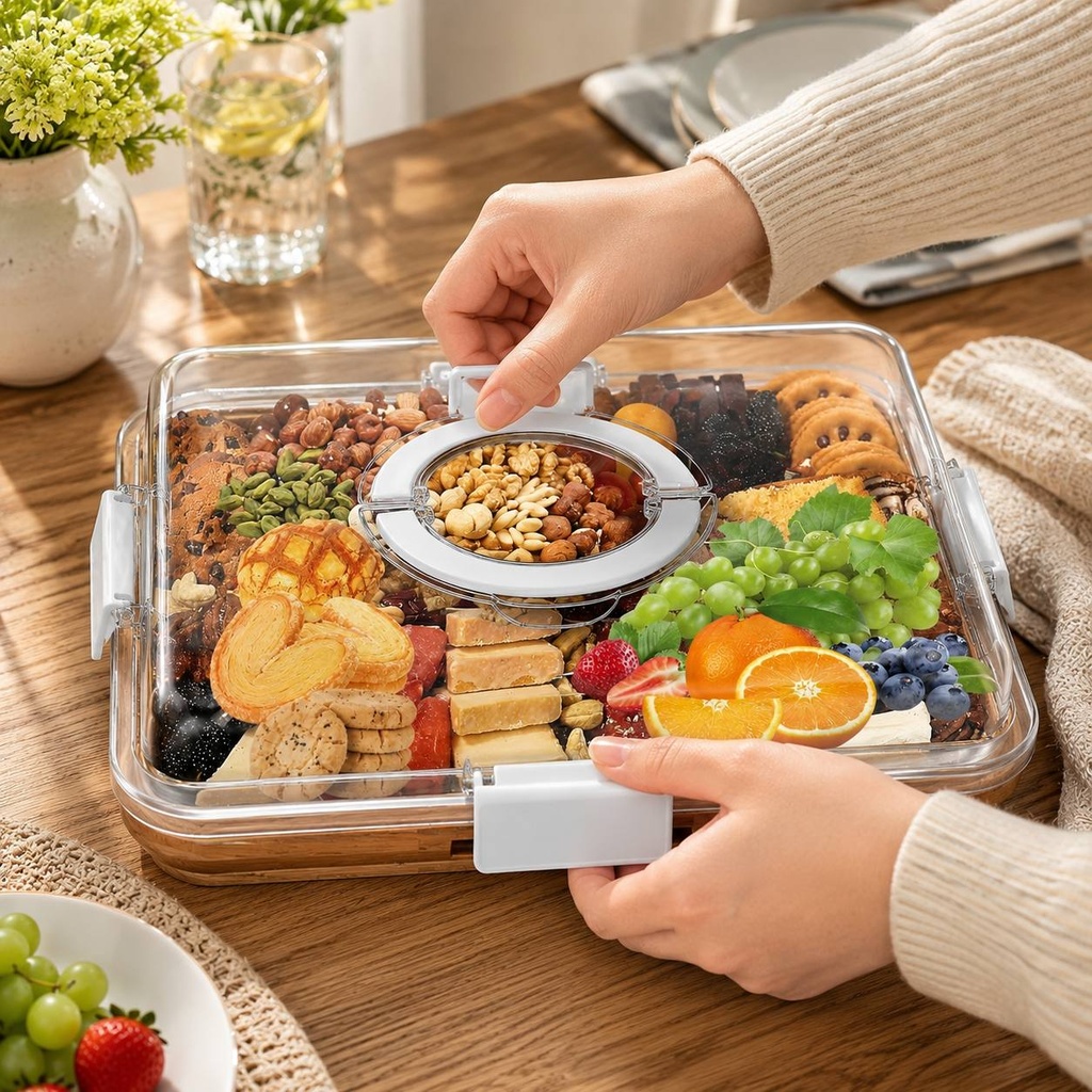 طبق تقديم خشب بامبو مقسم 6 خانات بغطاء أكريليك محكم للتسالي والمكسرات