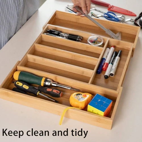 منظم درج خشبي قابل للتوسيع مقسم 7 خانات لتنظيم المعالق وأدوات المطبخ