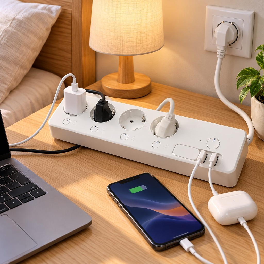 مشترك كهربائي ذكي 16 أمبير بـ 4 مخارج و2 منفذ USB وواي فاي للتحكم من الموبايل ومتابعة استهلاك الكهرباء