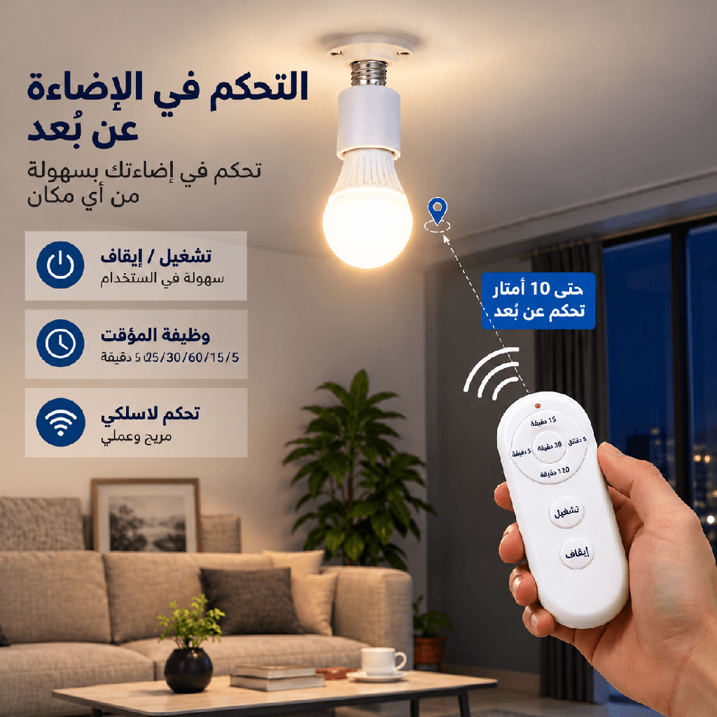 دواية لمبة E27 بالريموت 40 وات للتحكم في التشغيل والإيقاف مع مؤقت من 5 إلى 120 دقيقة
