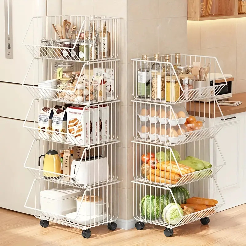 تربو منظم لأدوات المطبخ والحمام 5 سلات بعجلات لسهولة الحركة من المعدن
