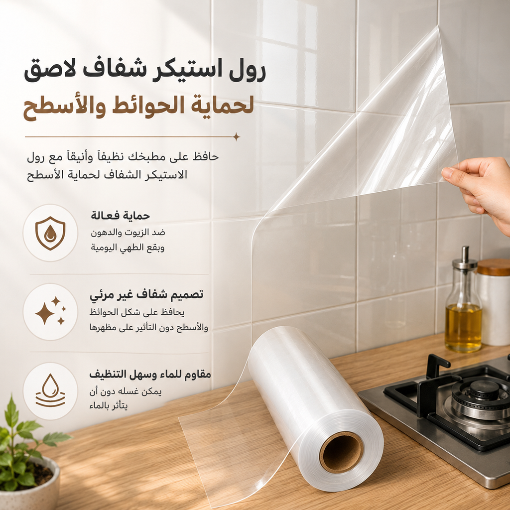 رول استيكر شفاف لاصق وتربروف لحوائط المطبخ لمنع تكون الدهون قابل للقص