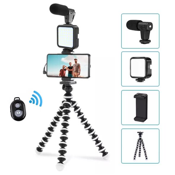 مجموعة تصوير احترافية ترايبود مع حامل للموبايل وكشاف اضاءه ليد وميكروفون بريموت كنترول للتصوير عن بعد