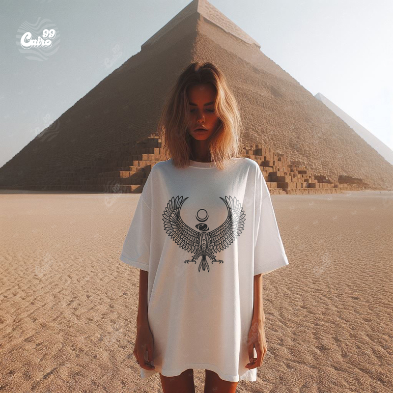 Pharaonic Bird تيشيرت اوفر سايز قطن باللون الابيض للنساء