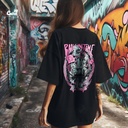 Back in Time تيشيرت اوفر سايز قطن باللون الاسود للنساء