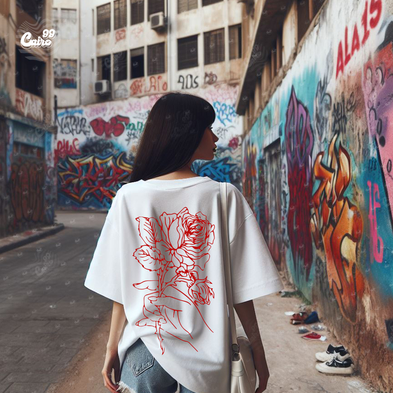 Red Rose تيشيرت اوفر سايز قطن باللون الابيض