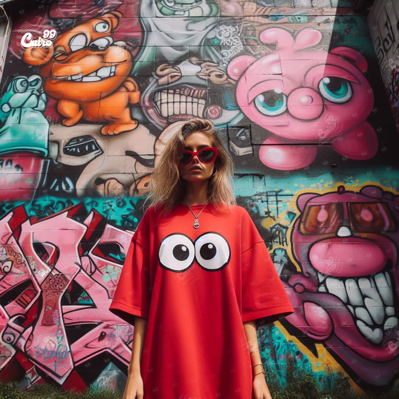 Crazy Eye تيشيرت اوفر سايز قطن باللون الاحمر  للنساء