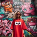 Crazy Eye تيشيرت اوفر سايز قطن باللون الاحمر  للنساء