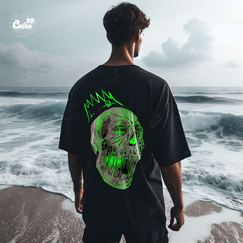 Green Mutant Zombie Skeleton تيشيرت اوفر سايز قطن باللون الاسود للرجال