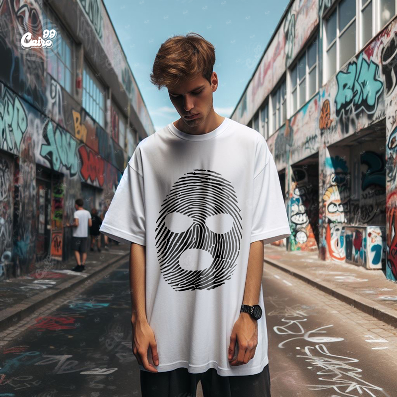 Fingerprint Mask  تيشيرت اوفر سايز قطن باللون الابيض للرجال