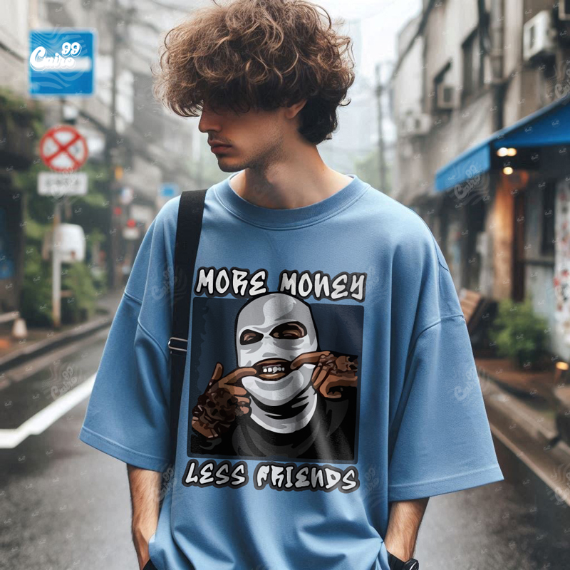 More Money Less Friends تيشيرت اوفر سايز قطن باللون الازرق للرجال