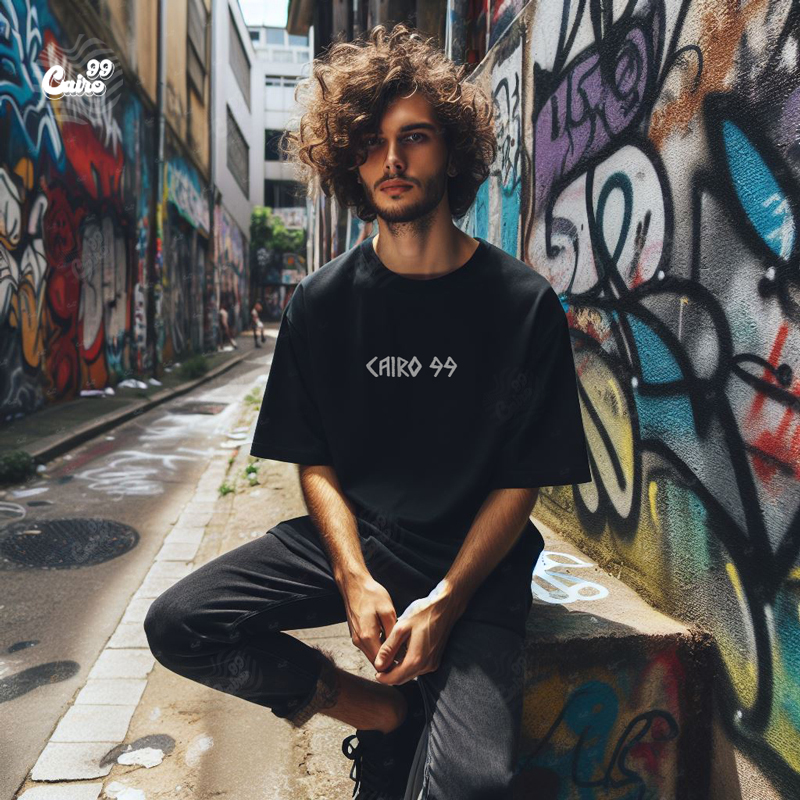 Cairo 99 تيشيرت اوفر سايز قطن باللون الاسود للرجال