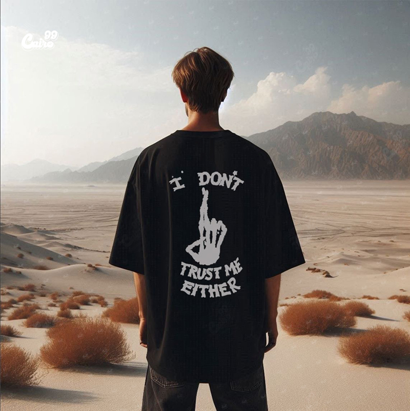 I Don't Trust تيشيرت اوفر سايز قطن باللون الاسود للرجال