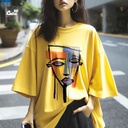 Abstract Art تيشيرت اوفر سايز قطن باللون الاصفر للنساء