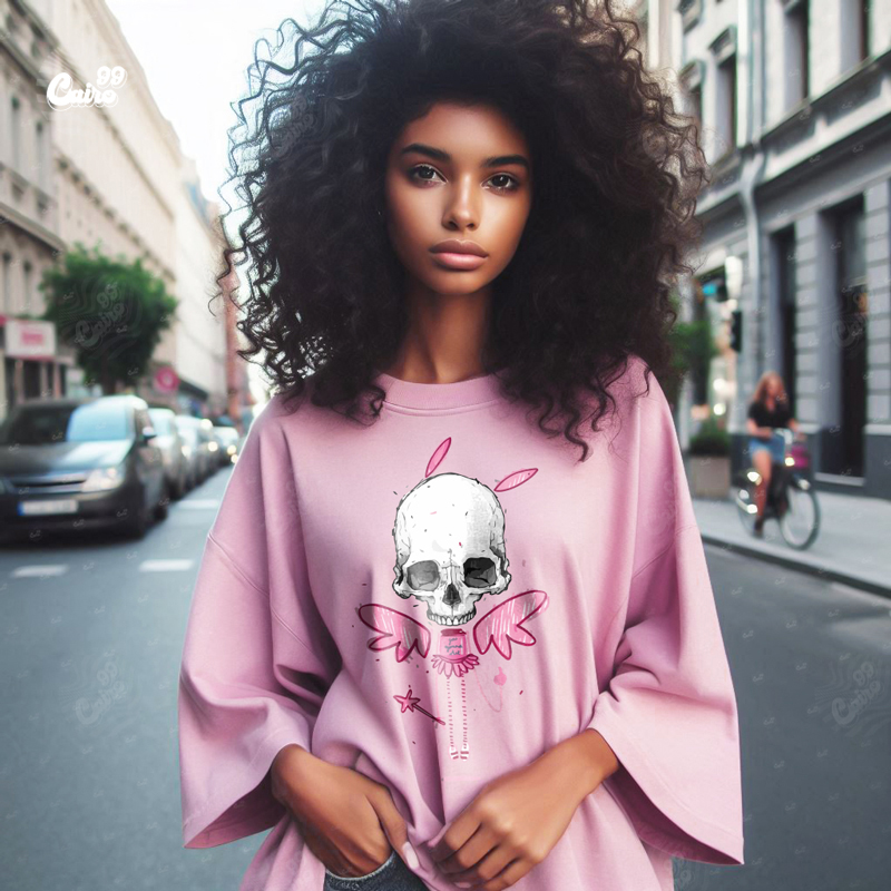 Pink Skull تيشيرت اوفر سايز قطن باللون البينك للنساء