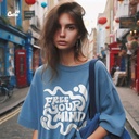 Free Your Mind تيشيرت اوفر سايز قطن باللون الازرق للنساء