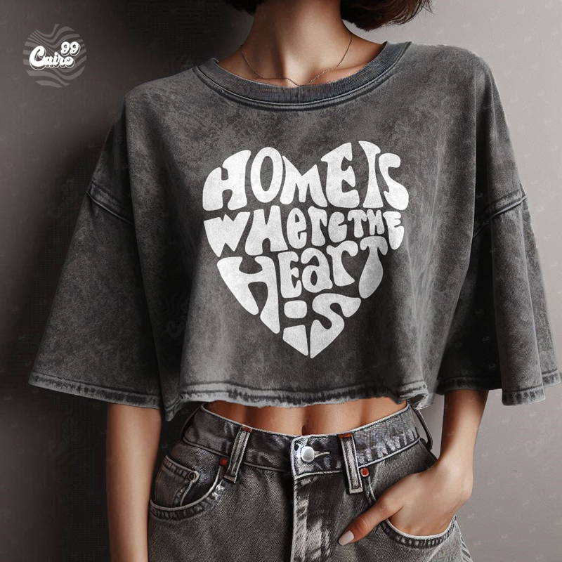 Home Is Where The Heart Is كروب توب اوفر سايز باللون الرمادي