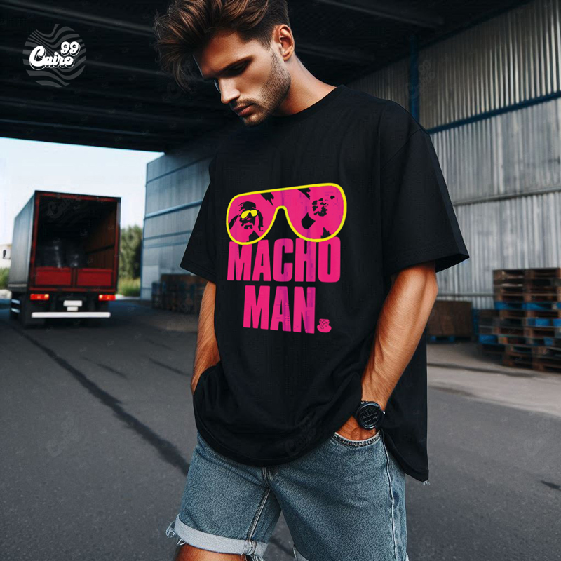 Macho Man تيشيرت اوفر سايز قطن باللون الاسود للرجال