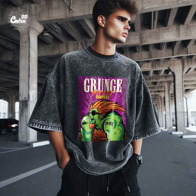 Grunge Street Fighter تيشيرت اوفر سايز قطن باللون الرمادي للرجال