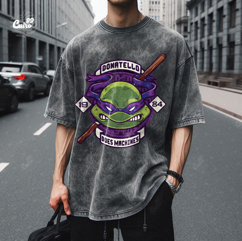 Donatello Does Machines تيشيرت اوفر سايز قطن باللون الرمادي للرجال