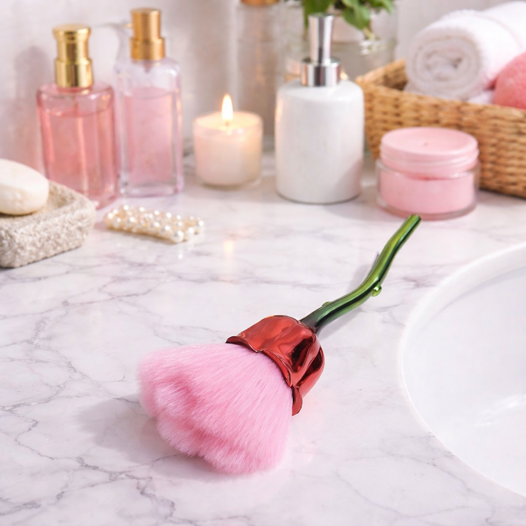 فرشة مكياج ناعمة ولطيفة علي البشرة شكل وردة مجسم