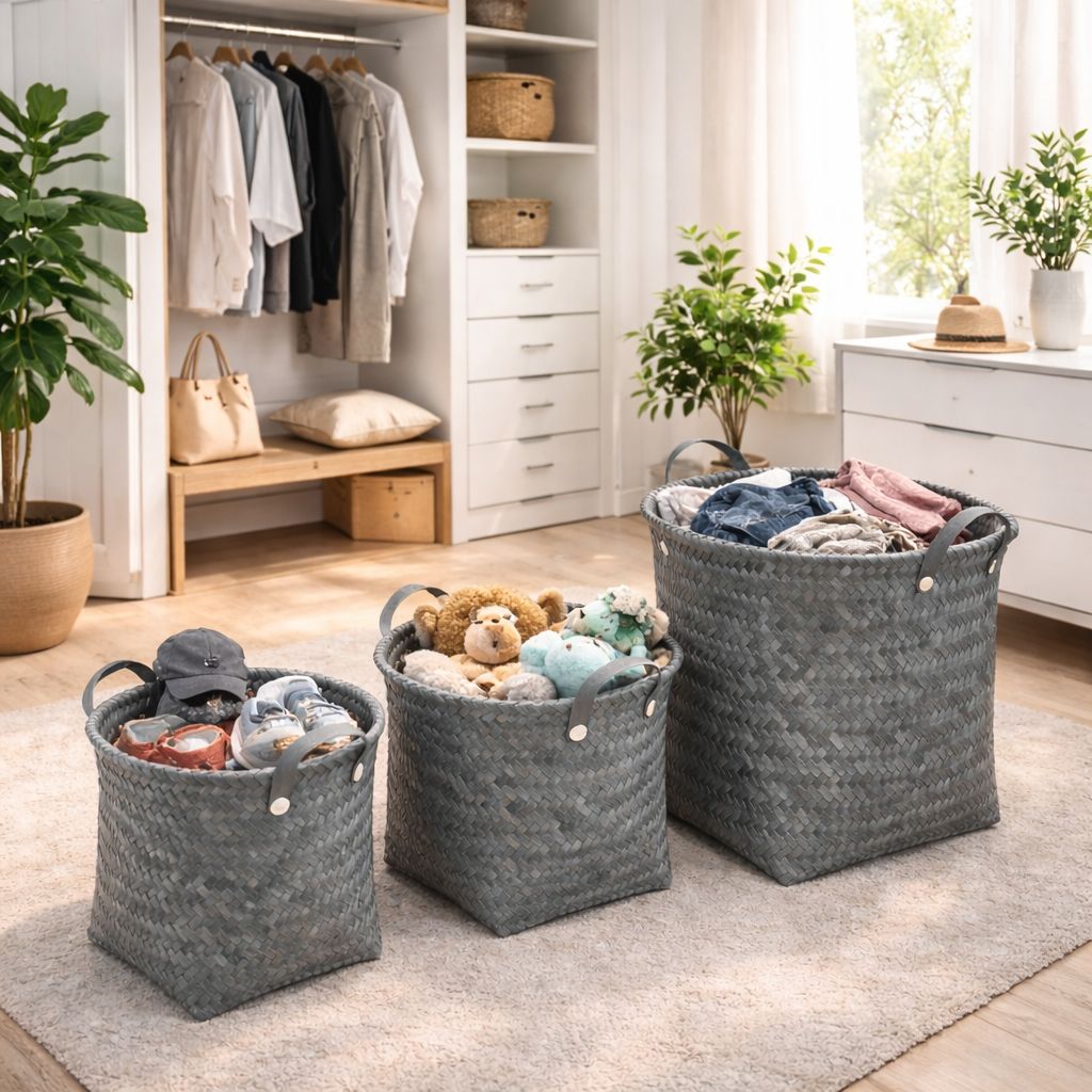 طقم باسكت تخزين من الرتان باللون الرمادي - 3 قطع