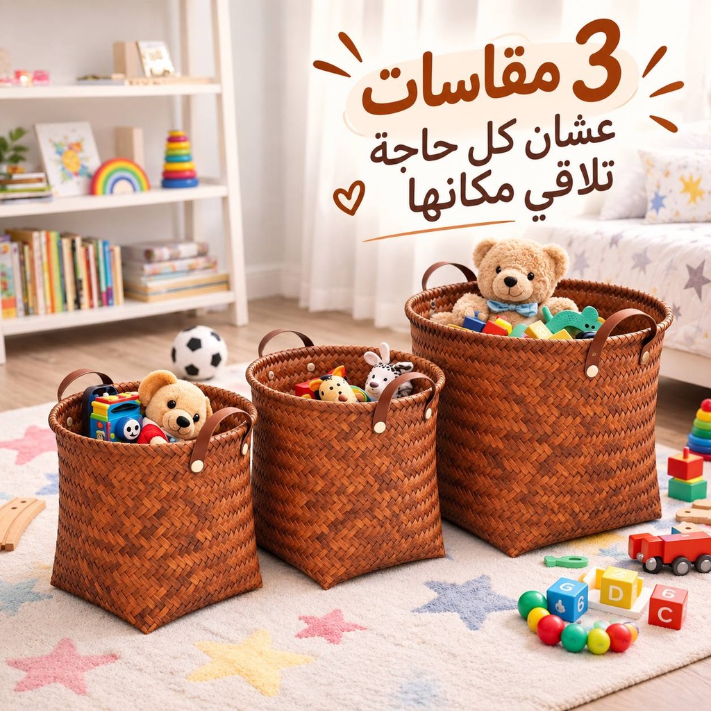 طقم باسكت تخزين 3 قطع بمقاسات مختلفة منسوج من الرتان