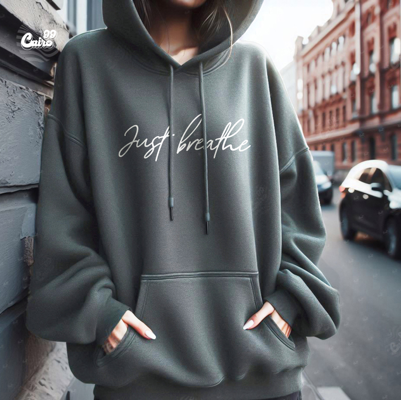 Just Breathe هودي اوفر سايز قطن باللون الرمادي
