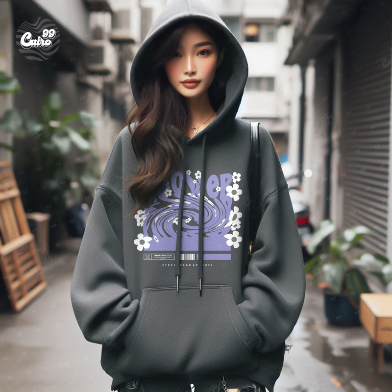 Flower هودي اوفر سايز قطن باللون الرمادي 