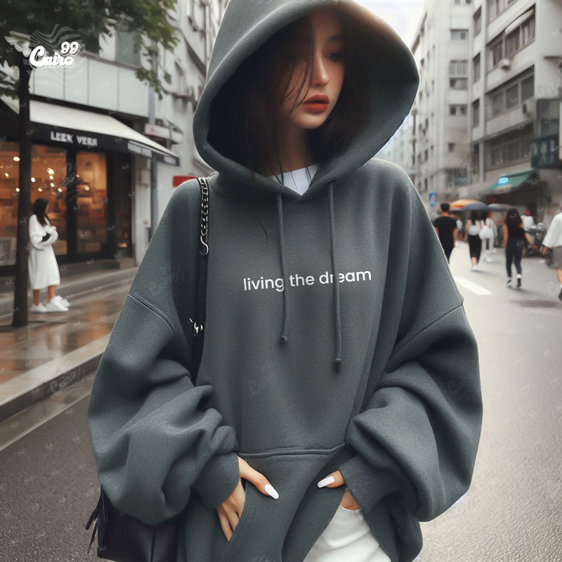 Living the Dream هودي اوفر سايز قطن باللون الرمادي