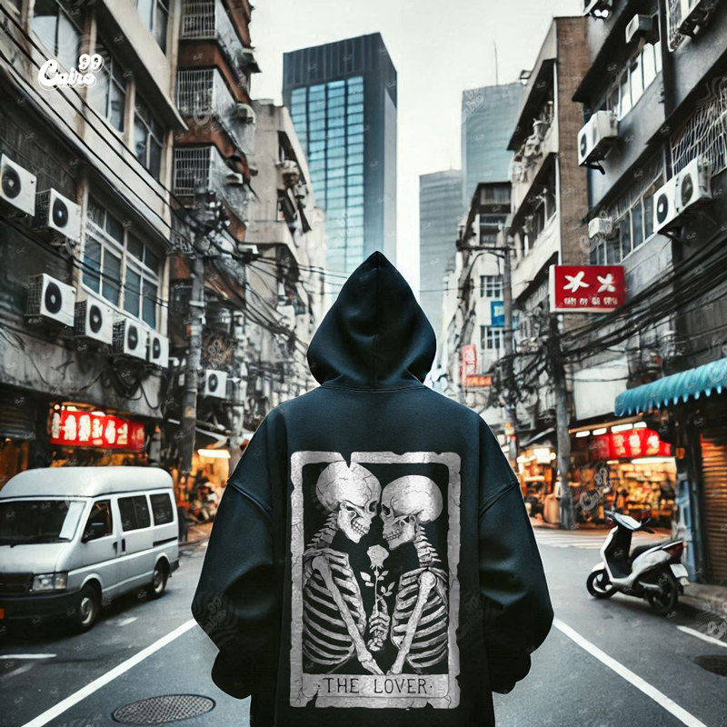 The Lover هودي اوفر سايز قطن للرجال باللون الأسود