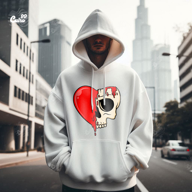 Heart Melting Skull هودي اوفر سايز قطن للرجال باللون الأبيض