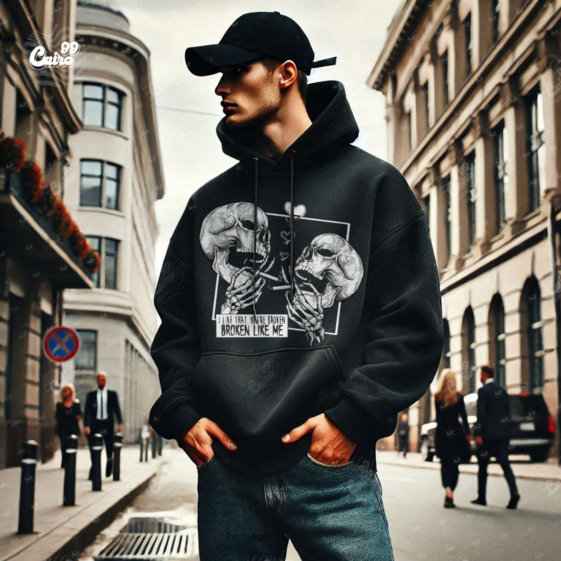 Broken Like Me هودي اوفر سايز قطن للرجال باللون الأسود
