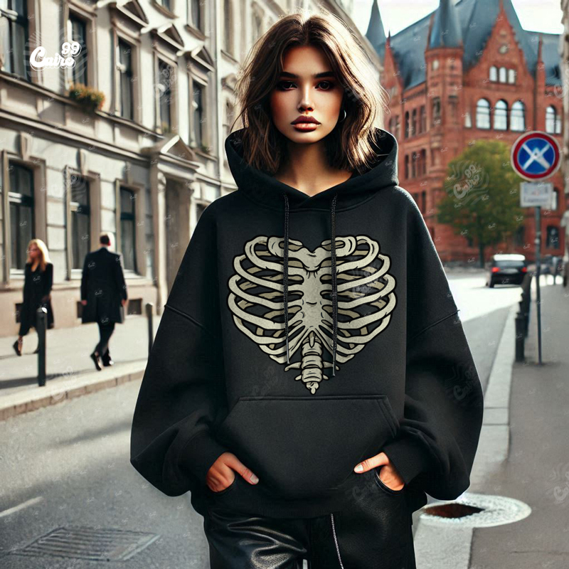 Skelton Heart هودي اوفر سايز قطن للنساء باللون الأسود