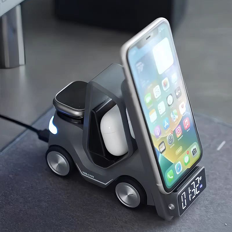 شاحن لاسلكي 5 *1 مع منبة وساعة  _ بقوة 15 واط