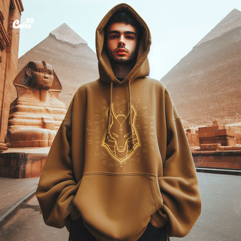 Golden Anubis هودي اوفر سايز قطن باللون البني