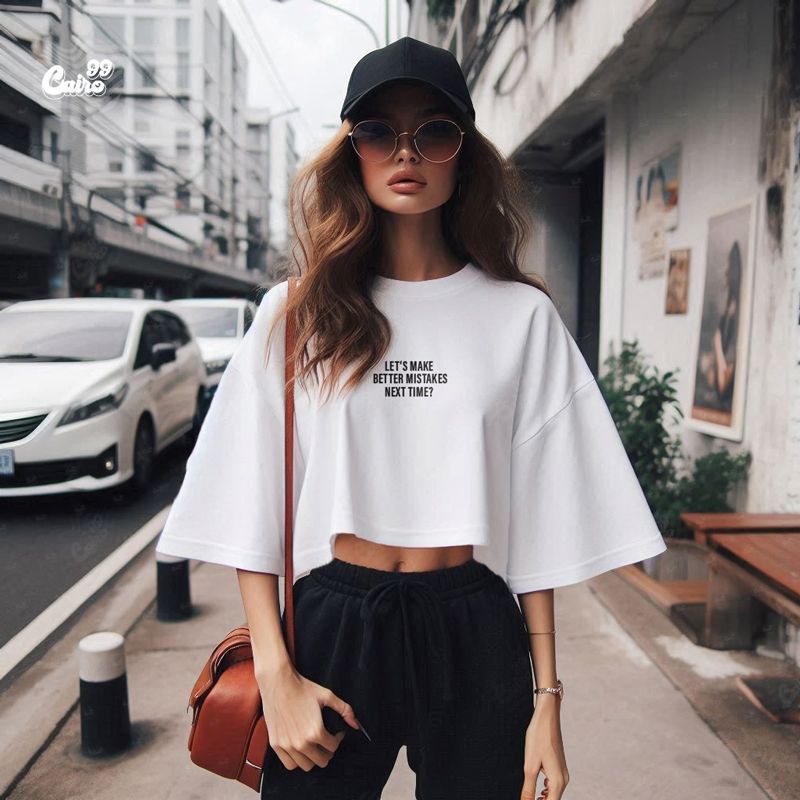 Let's Make Better Mistakes كروب توب اوفر سايز قطن باللون الأبيض