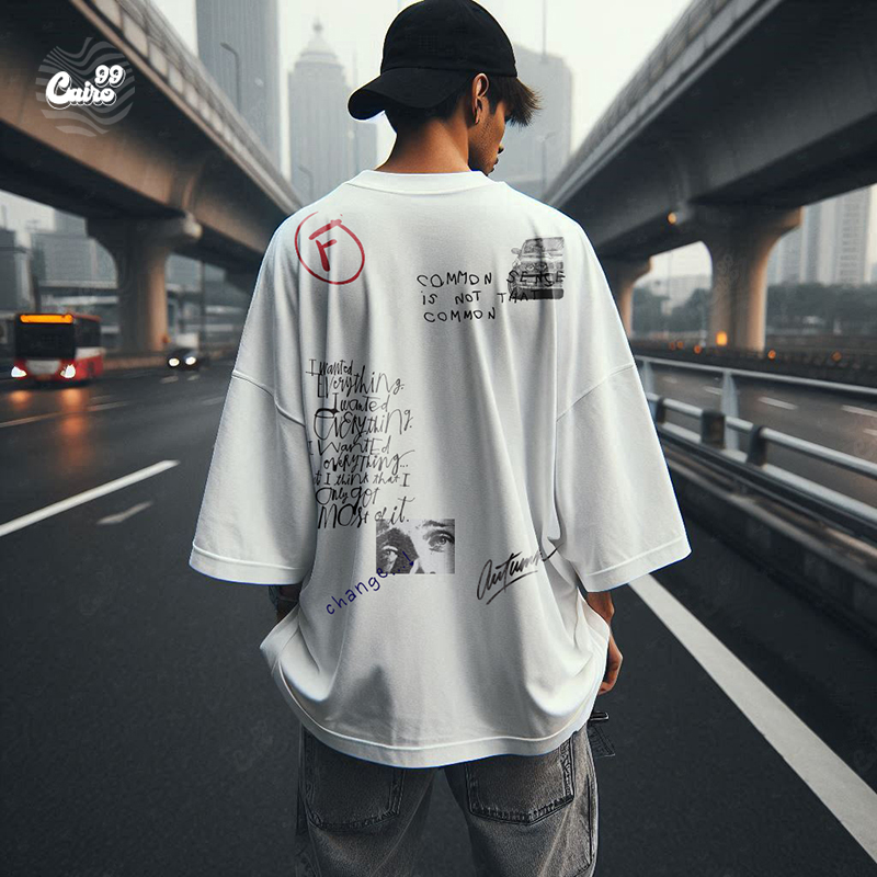 Random Designs تيشيرت اوفر سايز قطن باللون الابيض للرجال