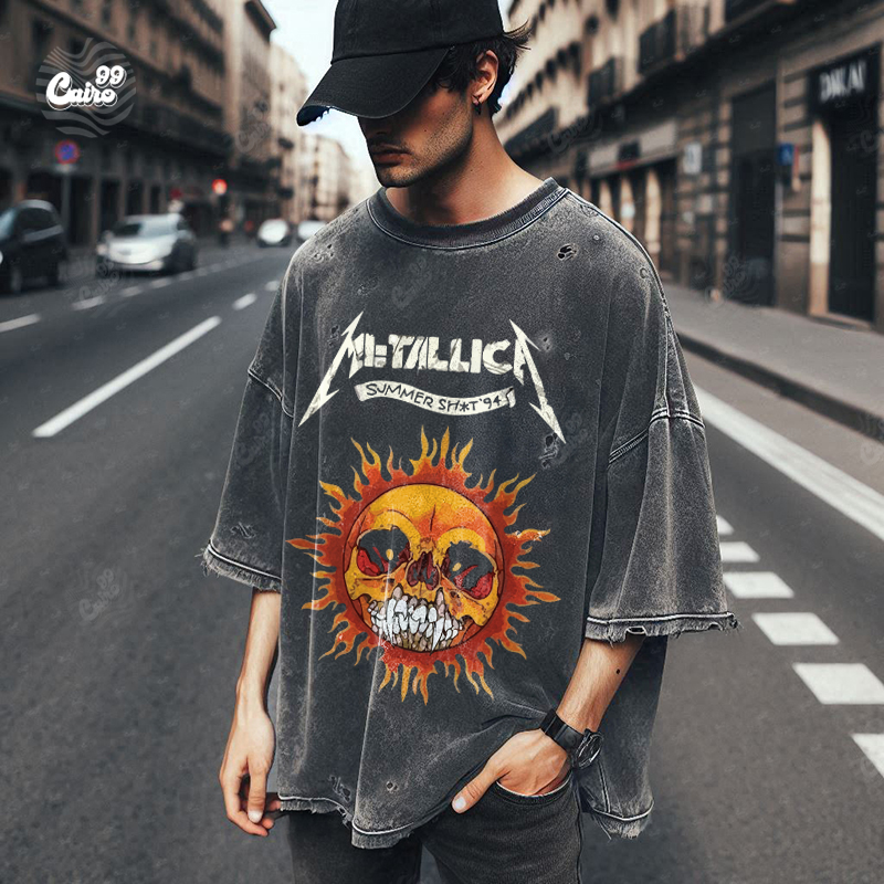 Flaming Skull تيشيرت اوفر سايز قطن باللون الرمادي للرجال