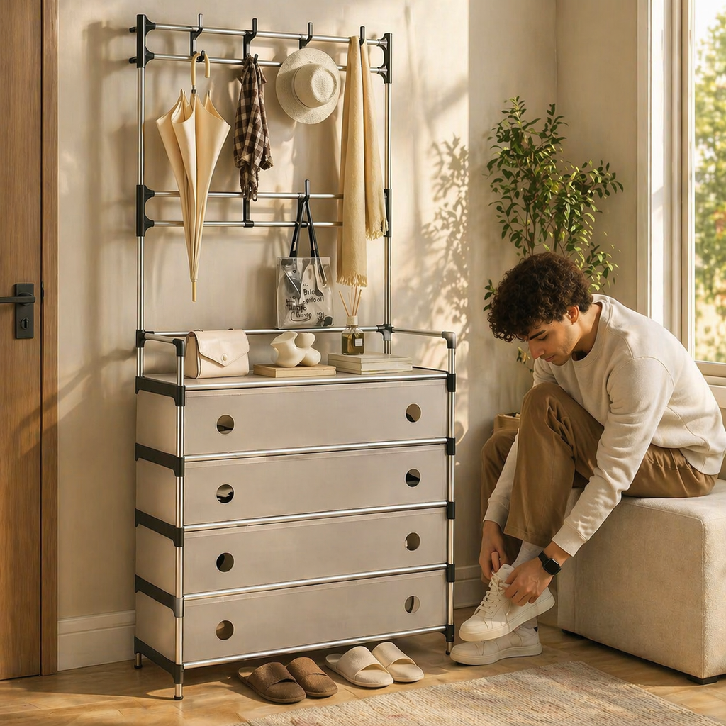 جزامة بـ4 أرفف مع غطاء لمنع دخول الاتربة مزودة بـ8 هوكات لتعليق الشنط