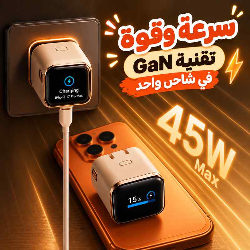 شاحن سريع ذكي 45 واط بتقنية جان بشاشة رقمية ومنفذ تايب سي