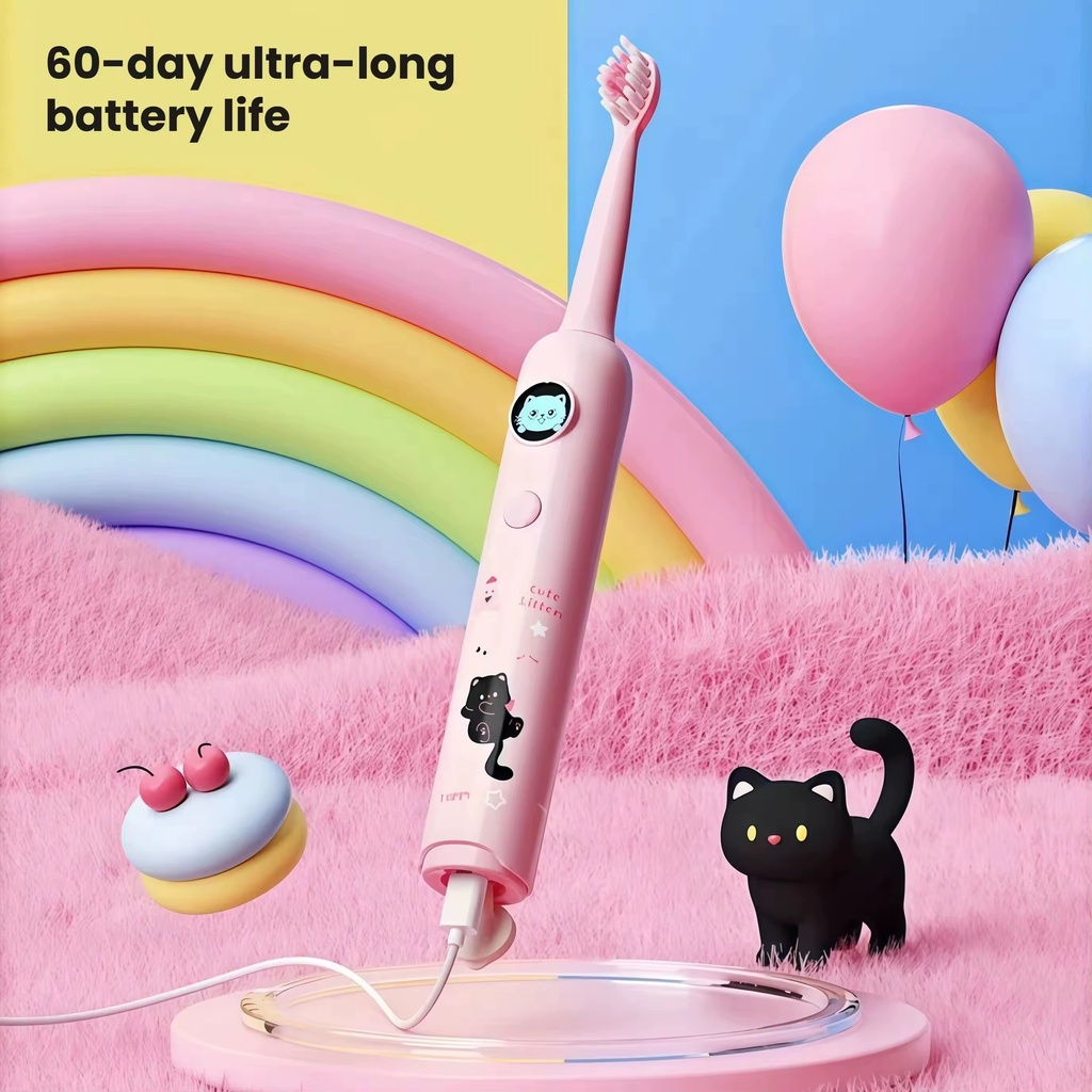 فرشة أسنان كهربائية للأطفال بتصميم كرتوني و 6 رؤوس قابلة للتبديل وخمسة أوضاع للتنظيف