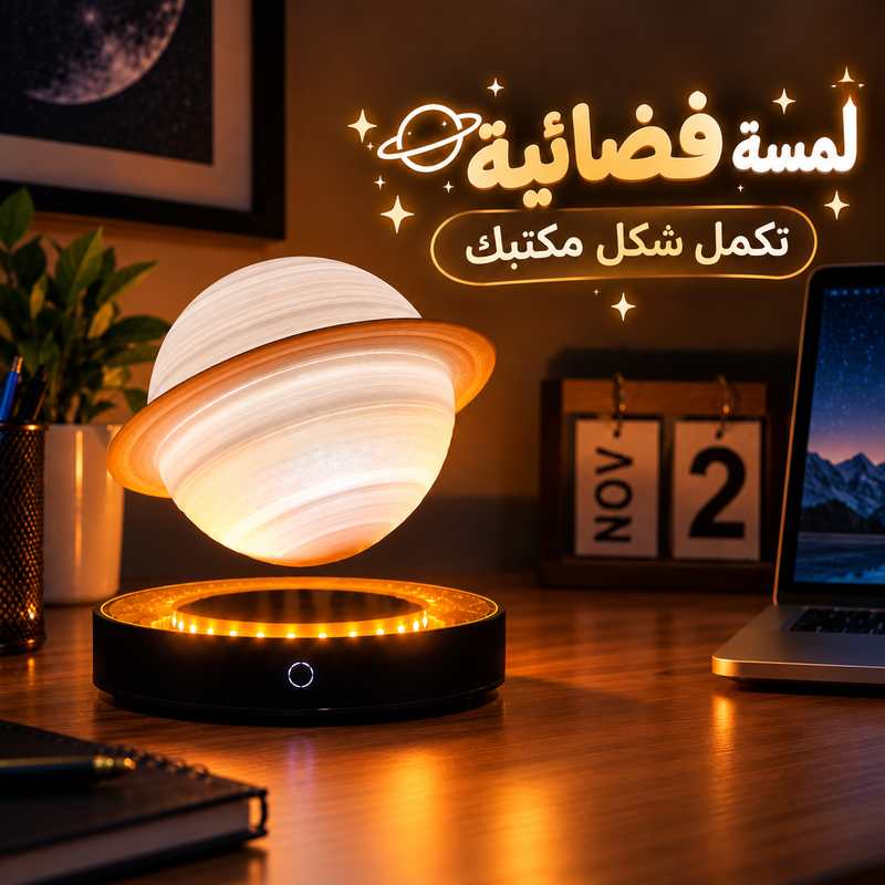 اباجورة مكتب ثري دي بتصميم كوكب زحل العائم بقاعدة شفافة تدور 360 درجة