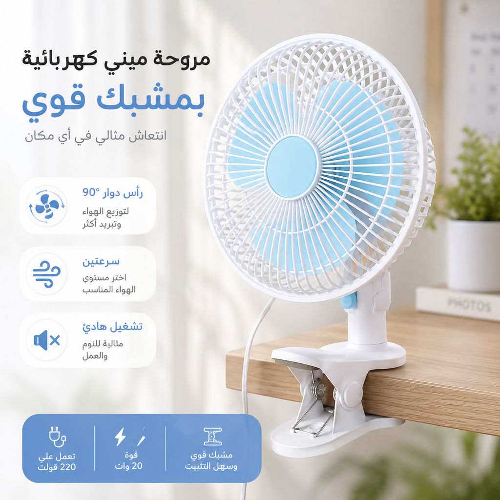 مروحة كهرباء ميني بمشبك للمكتب والمنزل بسرعات مختلفة