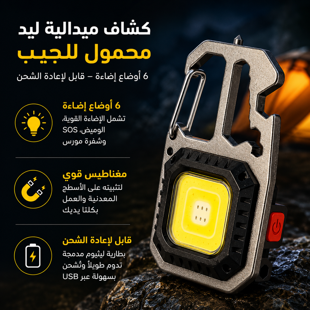 كشاف ميدالية ليد محمول للجيب ب 6 أوضاع إضاءة قابل لإعادة الشحن