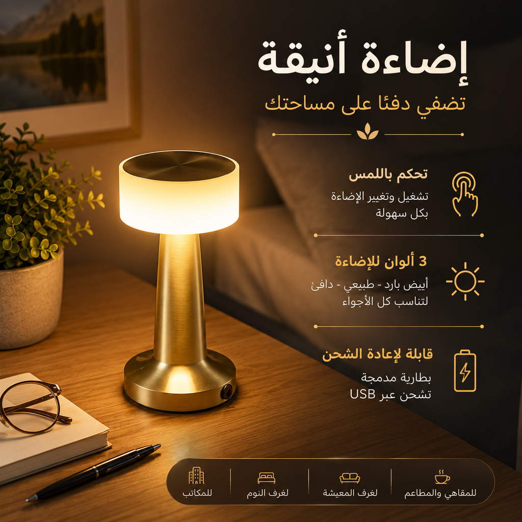 اباجورة تاتش ب 3 الوان مختلفة للمكتب وغرف النوم قابلة لإعادة الشحن بيو اس بي