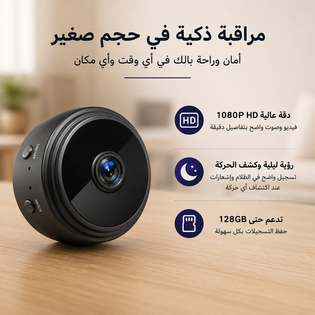 كاميرا مراقبة ميني تتصل بالواي فاي مع رؤية ليلية وسينسور لكشف الحركة بدقة HD 1080P