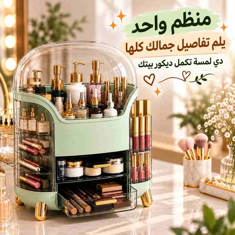منظم ميك اب جامبو بغطاء شفاف ودرجين لتخزين مستحضرات التجميل والعناية بالبشرة