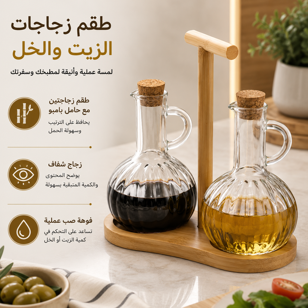 طقم زجاجات زيت وخل زجاج مع حامل خشبي للتقديم