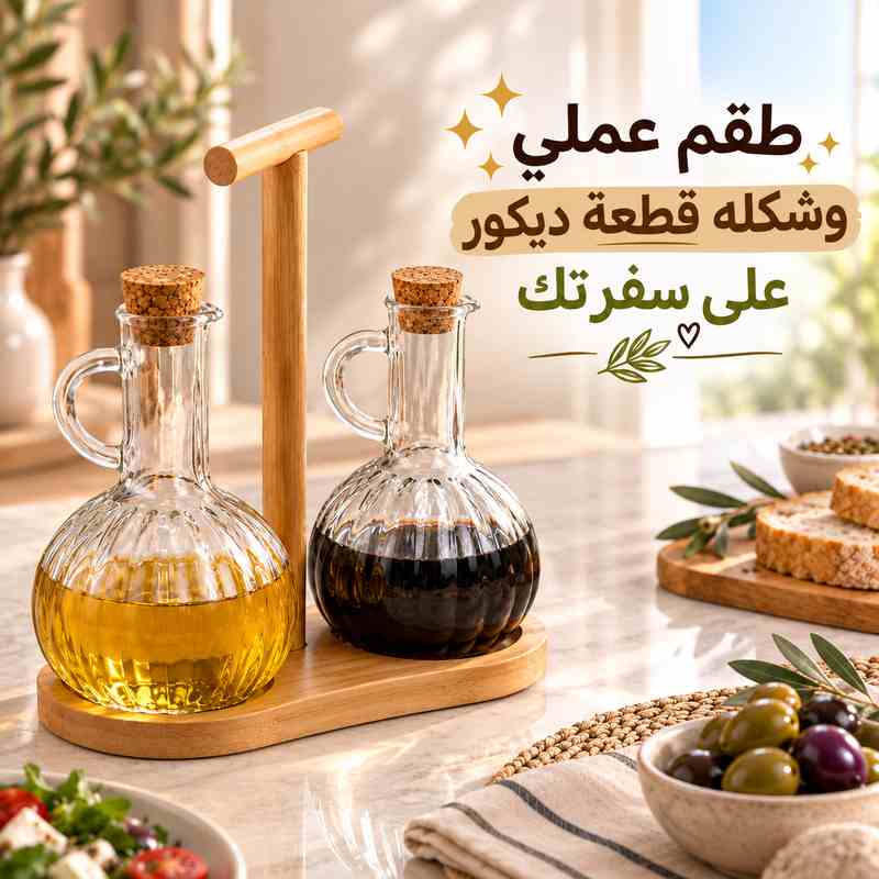 طقم زجاجات زيت وخل زجاج مع حامل خشبي للتقديم